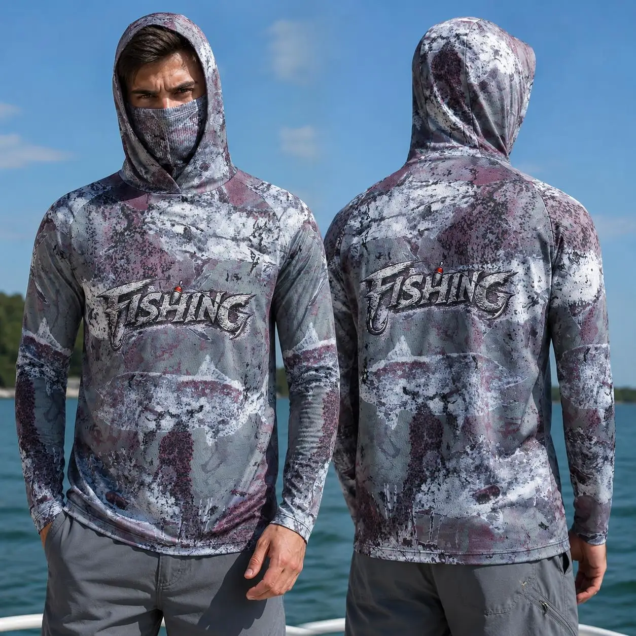 Fishing - เสื้อตกปลาแบบมีฮู้ดสำหรับผู้ชาย เสื้อผ้าตกปลาแขนยาวสำหรับกิจกรรมกลางแจ้งฤดูร้อน เสื้อฮู้ดพร้อมหน้ากากกันแดด เสื้อเจอร์ซีย์ประสิทธิภาพสูง